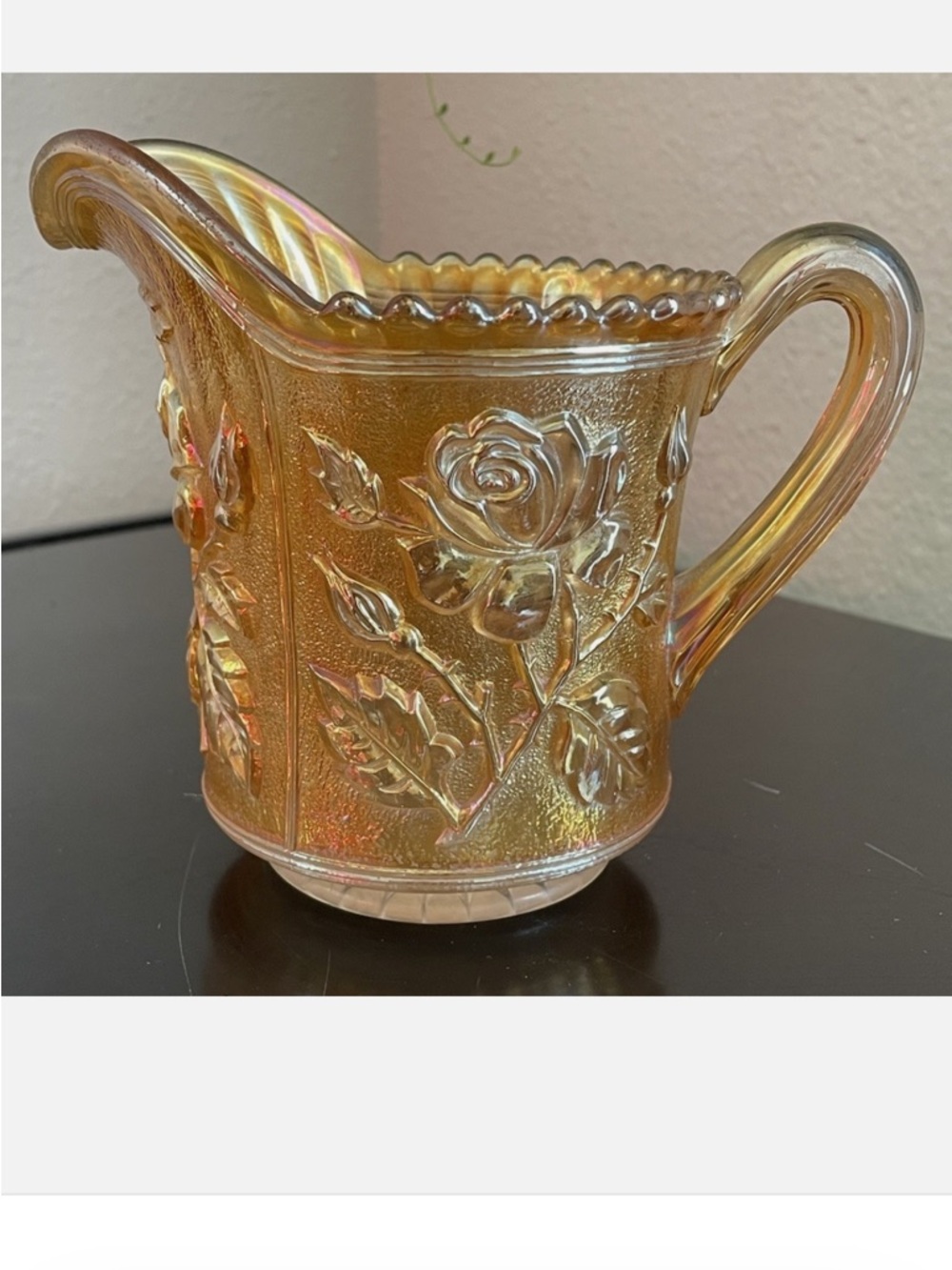 Imperial Carnival Glass Creamer Pitcher Marigold Lustre Rose
